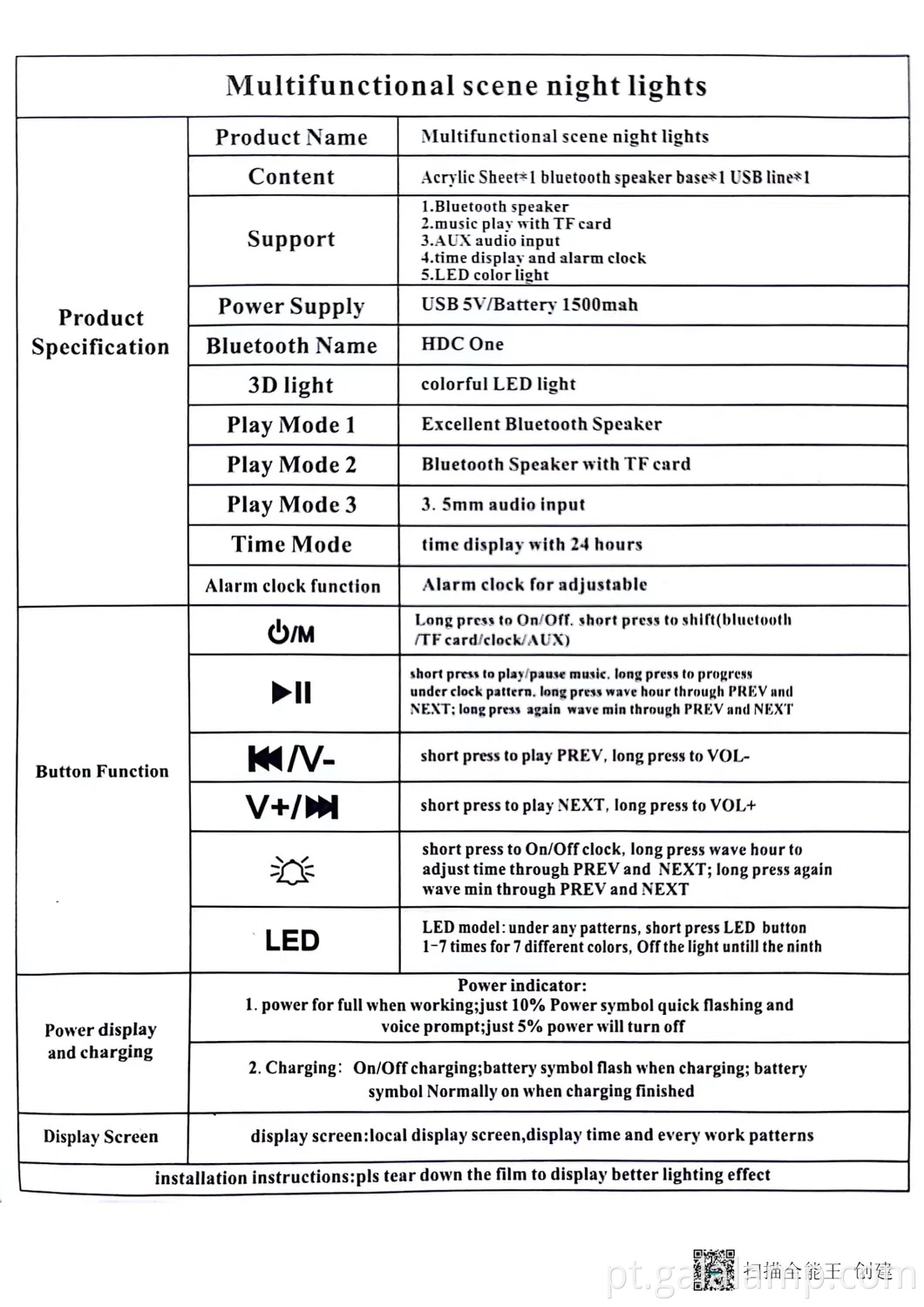 Luz noturna colorida de LED com alto -falante Bluetooth e despertador